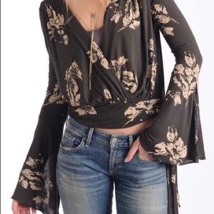 Free People Fiona Floral Wrap Blouse With Bell Sleeves in Coal Combo Color. Sz S